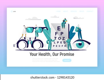 Ophthalmologist Doctor Test Eyesight Landing Page. Male Oculist with Pointer Perform Eye Examination. Medical Team hold Eyewear, Drop for Treatment Website Flat Cartoon Vector Illustration