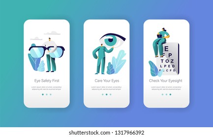 Ophthalmologist Doctor Test Eyesight on Text Chart Mobile App Page Onboard Screen Set. Professional Oculist Analysis Eye Diopter. Laser Treatment for Eye Website Flat Cartoon Vector Illustration