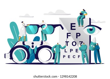 Ophthalmologist Doctor Test Myopia Eye. Male Oculist with Pointer Checkup Optometry for Eyeglasses. Medical Optician Team hold Eyewear, Drop for Treatment Flat Cartoon Vector Illustration