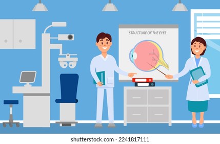 Ophthalmologist doctors explaining structure of eye and vision treatment cartoon vector
