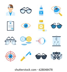 Ophthalmologist equipment vector icons in a flat style. Treatment and correction of vision. Clinical tests and eye examinations by an oculist. 