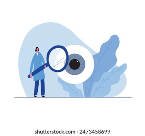 Ophthalmologist examines the eye hand drawn vector illustration on isolated background. Oculist character in cartoon style. Medicine and healthcare concept. For card, flyer, paper, design, banner