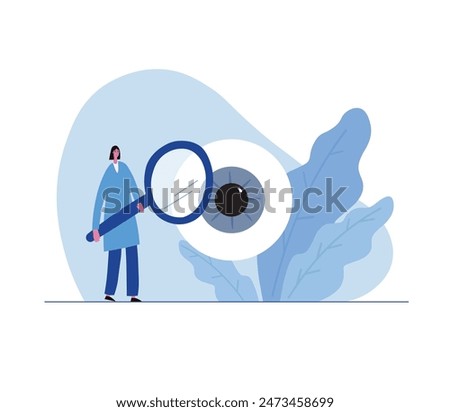 Ophthalmologist examines the eye hand drawn vector illustration on isolated background. Oculist character in cartoon style. Medicine and healthcare concept. For card, flyer, paper, design, banner