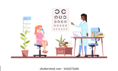 Ophthalmologist examining sight flat vector illustration. Professional doctor and patient isolated cartoon characters on white background. Oculist doing vision, eye test. Medical check. Eyes health