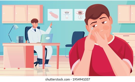 Ophthalmologist explaining to young man how to apply contact lens correctly flat vector illustration