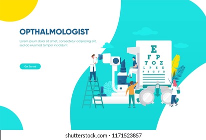 ophthalmologist eye check up vector illustration concept, young man checking his eye with doctor  can use for, landing page, template, ui, web, mobile app, poster, banner, flyer