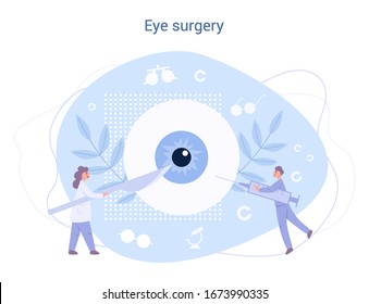 Ophthalmologist eye surgery. Idea of eye and vision care. Oculist operation treatment for eye disease. Vector illustration in cartoon style