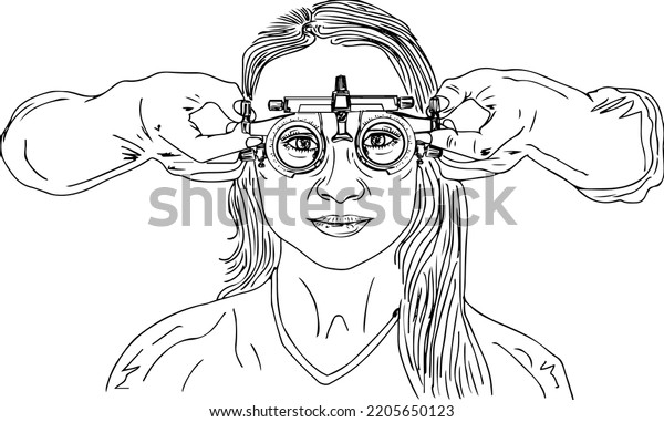 Ophthalmologist eye\
testing frame, Eye doctor holding eye testing frame vector\
illustration, Sketch drawing of eye OPD examination equipment,\
Female patient checking\
vision
