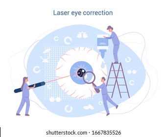 Ophthalmologist eyesight laser correction. Idea of eye and vision care. Oculist treatment for sharp sight. Laser eye correction. Vector illustration in cartoon style