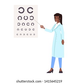 Ophthalmologist flat vector illustration. Professional doctor isolated cartoon character on white background. Oculist doing vision,eye sight test. Medical check, exam. Eyes health, care, treatment