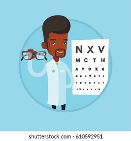 Ophthalmologist giving glasses. Ophthalmologist holding eyeglasses on the background of eye chart. Ophthalmologist offering glasses. Vector flat design illustration in circle isolated on background.