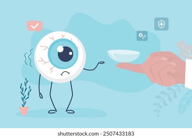 La mano del oftalmólogo le da lentes de contacto al ojo que no ve bien.  El médico oculista aconseja usar lentes para el globo ocular enfermo. Ayuda con la visión deficiente. Salud y medicina. Ilustración vectorial plana