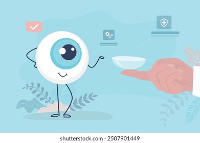 Ophthalmologist hand gives contact lenses to the poorly seeing eye.  Oculist doctor advises to wear lens to the happy eyeball. Help with poor vision. Healthcare and medicine. flat vector illustration