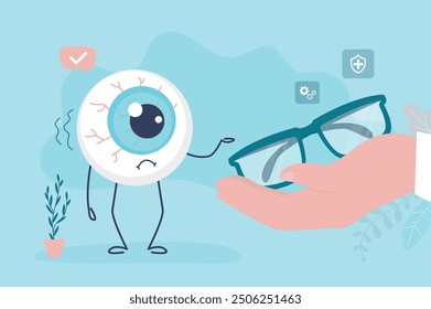 La mano del oftalmólogo le da gafas al ojo que no ve bien.  El médico oculista aconseja usar gafas para el globo ocular enfermo. Ayuda con la visión deficiente. Salud y medicina. Ilustración vectorial plana