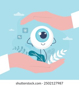 Ophthalmologist hands holding and covering eyeball. Eye medical care, healthcare and treatment. Healthy internal organ in oculist hands. Eyesight care. flat vector illustration