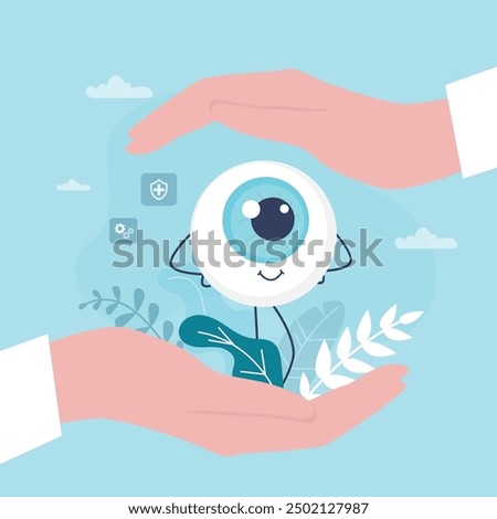 Ophthalmologist hands holding and covering eyeball. Eye medical care, healthcare and treatment. Healthy internal organ in oculist hands. Eyesight care. flat vector illustration