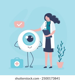 Ophthalmologist and healthy eyeball mascot. Health care and treatment. Cute organ character. Healthy human internal part. Optometry diagnostic. Eyesight care. Ophthalmology treatment. flat vector