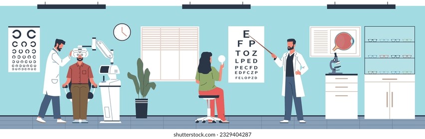 Ophthalmologist medical office. Eye examination and correction, glasses selection, patients at doctor, optometrist working in clinic, hospital interior, nowaday vector cartoon flat concept
