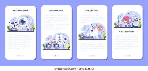 Juego de banners para aplicaciones móviles oftalmólogas. Idea de control y tratamiento de la vista. Diagnóstico de visión y corrección láser. Ilustración vectorial en estilo de caricatura