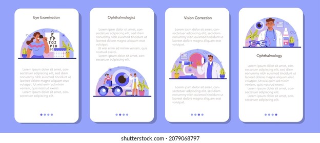 Juego de banners para aplicaciones móviles oftalmólogas. Idea de control y tratamiento de la vista. Diagnóstico de visión y corrección láser. Especialista en oftalmología. Ilustración vectorial plana