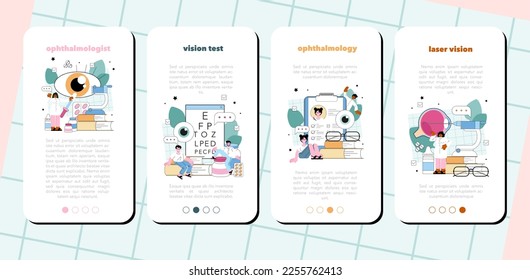 Juego de banners para aplicaciones móviles oftalmólogas. Idea de control y tratamiento de la vista. Diagnóstico de visión y corrección láser de visión. Especialista en oftalmología. Ilustración vectorial plana