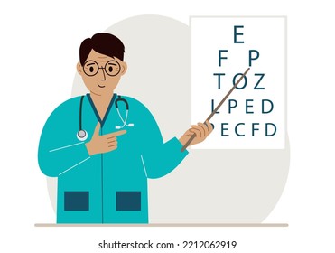 Ophthalmologist near the vision test table. Diagnosis and eye examination. Optometrist checks eyesight and chooses glasses. Vector flat illustration