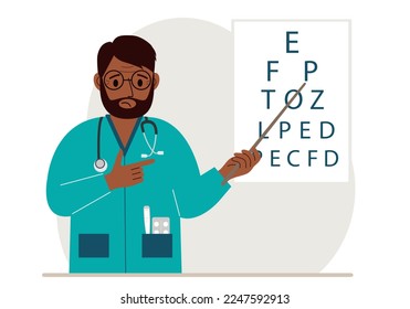 Oftalmólogo cerca de la tabla de pruebas de visión. Diagnóstico y examen ocular. Optometrist revisa la vista y elige gafas. Ilustración plana del vector