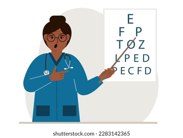 Ophthalmologe in der Nähe des Sichtprüftisches. Diagnose und Augenuntersuchung. Der Optometriker kontrolliert das Sehvermögen und wählt die Brille aus.