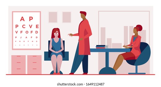 Ophthalmologist and nurse checking woman eyesight. Female patient sitting in oculist cabinet flat vector illustration. Vision test, ophthalmology concept for banner, website design or landing web page