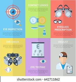 Ophthalmologist or oculist concept vertical banners in flat style. Correction and eye tests, prescription for glasses or lenses. Vector illustration.