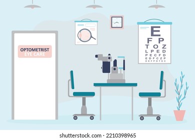 Ophthalmologist office, empty room, workplace. Ophthalmological tools for vision testing. Examination by optician. Concept of vision correction and healthcare. Clinic interior. Vector illustration