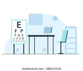 Ophthalmologist office interior. Vector concept illustration of optometrist office modern interior with white board with letters for eyesight check, desk, chair, computer and shelf. Empty oculist room