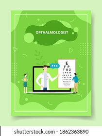 ophthalmologist on screen display showing alphabet for people standing front laptop ophthalmologist template of banners, flyer, books cover, magazines with liquid shape style