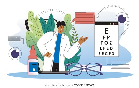 Concepto en línea del oftalmólogo. Hombre con uniforme médico con prueba de visión. Oculista con gotas para los ojos y gafas. Salud y medicina, diagnóstico y tratamiento. Ilustración vectorial plana