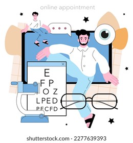 Ophthalmologist online service or platform. Eyesight diagnosis and vision laser correction. Online appointment. Flat vector illustration