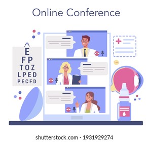 Ophthalmologist online service or platform. Idea of eyesight check and treatment. Eyesight diagnosis and laser correction. Online conference. Vector illustration in cartoon style