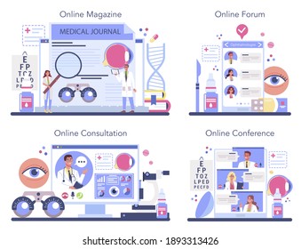 Ophthalmologist online service or platform set. Idea of eyesight check and treatment, laser correction. Online magazine, consultation, forum, conference. Vector illustration in cartoon style