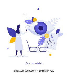 Ophthalmologist, optometrist or physician performing eye examination or checking visual acuity. Concept of ophthalmology, optometry, vision disorder diagnostics. Modern flat vector illustration.