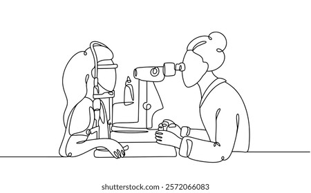 An ophthalmologist performs an examination using a slit lamp. Study of the cornea, iris, lens and anterior chamber. Eye examination by a doctor. Vector illustration.