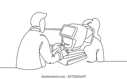 An ophthalmologist performs an ophthalmoscopy to examine the fundus, retinal vessels and optic nerve. A woman at a doctor's appointment. Vector illustration for use in the medical field.