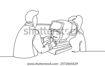 An ophthalmologist performs an ophthalmoscopy to examine the fundus, retinal vessels and optic nerve. A woman at a doctor's appointment. Vector illustration for use in the medical field.