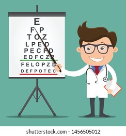 Ophthalmologist point out to eyesight check table.Medicine doctor concept.Vector illustration.