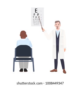 Ophthalmologist with pointer standing beside eye chart and checking eyesight of man sitting in front of it. Oculist measuring visual acuity of patient. Colorful vector illustration in flat style.