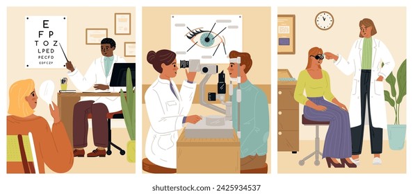 Ophthalmologist profession vector scene with doctor and patient