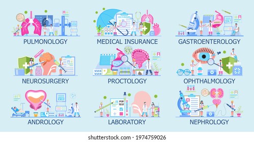 Ophthalmologist, pulmonologist, vector template set for medical websites. Nephrologist, concept is shown. Proctologist, neurologist help. Andrology, medical insurance for patient.
