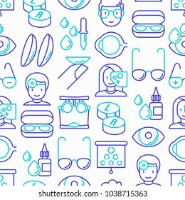 Ophthalmologist seamless pattern with thin line icons: glasses, eyeball, vision exam, lenses, eyedropper, spectacle case. Modern vector illustration.