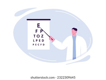 An ophthalmologist shows a patient a table of eye examination, examines his vision and chooses glasses with corrective lenses. Vector illustration.