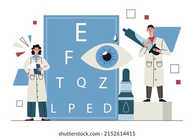 Ophthalmologist specialists concept. Doctors next to table for checking vision, making diagnosis and choosing treatment. Regular checkups, medical poster or banner. Cartoon flat vector illustration