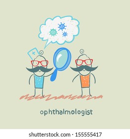 ophthalmologist tells the patient about bacteria and looking through a magnifying glass