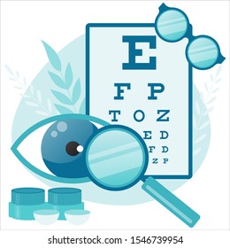 Ophthalmologist Test Myopia Eye.  Eye And Vision Tests. Eyewear. Eyeglasses. Flat Cartoon Vector Illustration